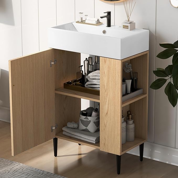 21.6 in Small Bathroom Vanity with Sink,Doors and Storage Shelves,Wood Modern Single Fluted Bathroom Sink Cabinet Freestanding (Natural Wood,Right Shelf)