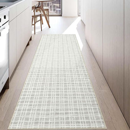 Washable Runner Rug 2x6 Entryway Rug Modern Non Slip Kitchen Rugs Bathroom Rugs Plaid Farmhouse Soft Faux Wool Stain Resistant Carpet for Entrance Laundry Hallway Bedroom 2'x6' Light Grey