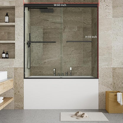 Shower Doors Glass Sliding 56-60 Inch W× 59 Inch H Matte Black Frame Sliding Glass Door for Bathtub, 6mm Tempered Glass Panels, Compact Shower Enclosure for Urban Bathroom Projects