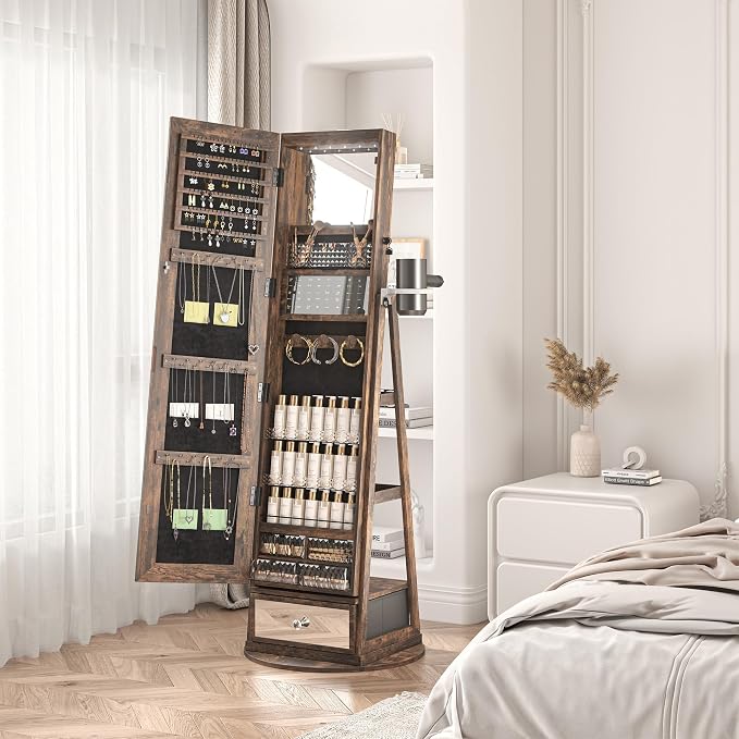 360° Swivel Jewelry Cabinet Standing Full-Length Jewelry Armoire | with Lights Standing Jewelry Armoire Organizer Foldable Makeup Shelf, Coffee