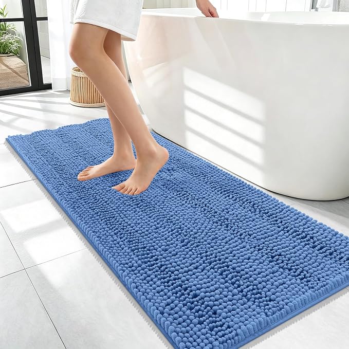 OLANLY Bathroom Runner Rugs 47x17, Soft Chenille Bath Rugs, Cornflower Blue | Rubber Backing, Machine Wash, Extra Absorbent Striped Bath Mats for Bathroom Floor, Tub and Shower, Home Decor Accessories