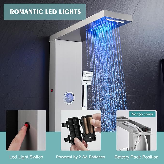 LED Shower Panel Tower System, 6-in-1 Shower Tower with Rainfall Waterfall Shower Head, 2 Modes Powerful Body Jets, Handheld Shower and Tub Spout, Stainless Steel Shower Column, Brushed Finish