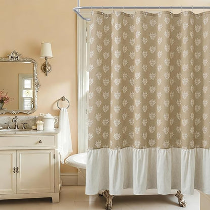 ORTIGIA Linen Textured Ruffle Shower Curtain with Metal Hooks, Brown Vintage Block Print Floral Boho Waterproof Bath Curtain for Rustic Farmhouse Bathroom Decor 72x72 Inch