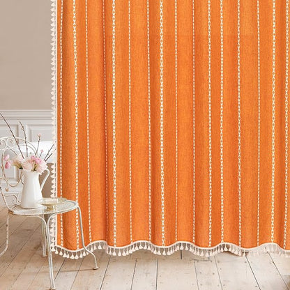 Farmhouse Tassel Linen Shower Curtain,3D Embroidery Stripe Orange,36x72 | Small Stall Half Size,310GSM Boho Linen Texture Heavy Duty Cloth,Water Repellent,Wrinkle Resistant,Vintage Farmhouse Rustic
