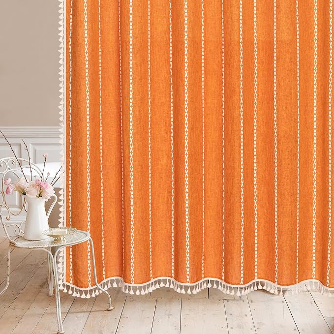 Farmhouse Tassel Linen Shower Curtain,3D Embroidery Stripe Orange,72x72 | 310GSM Boho Linen Texture Heavy Duty Cloth,Water Repellent,Wrinkle Resistant,Vintage Rustic Country design,12 Plastic Hooks
