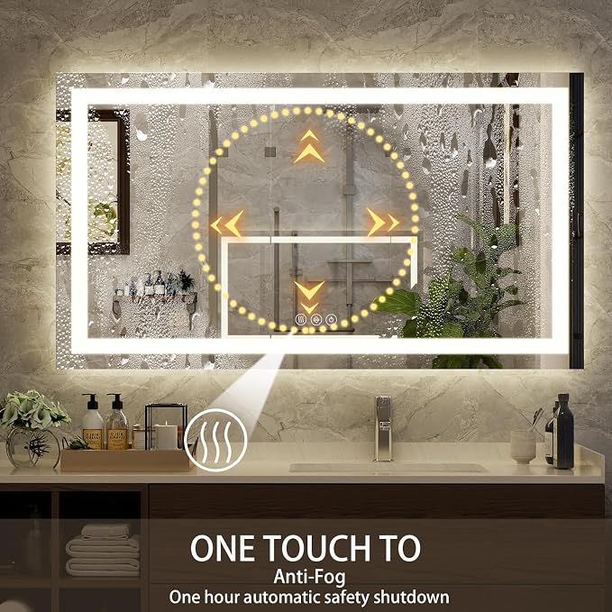 XRAMFY 55''X30'' LED Bathroom Mirror, Wall Mirror with Lights | Wall Mirror with Front and Backlight, 3 Colors Vanity Mirror with Lights, Anti-Fog Wall Mirror for Bathroom