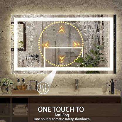 XRAMFY 36"X48"LED Bathroom Mirror, Backlit + Front Lit Wall Mirror | LED Bathroom Mirror with Lights for Wall, 3 Colors, Anti-Fog, Dimmable Brightness, Tempered Glass