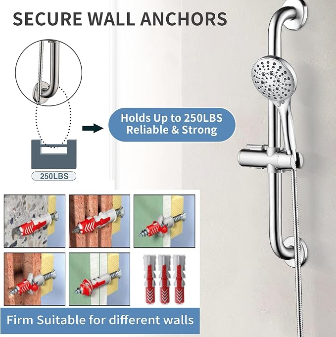 BRIGHT SHOWERS Stainless Steel Grab Bar Set – Includes Handheld Shower Head with Extra Long Hose, Shower Head and Hose Chrome Plated
