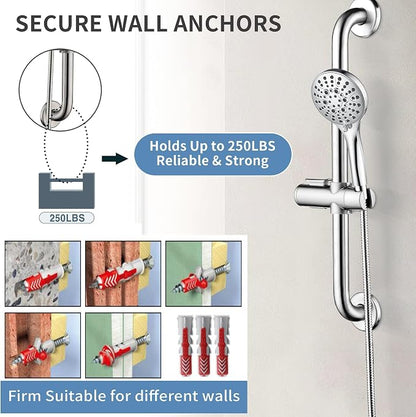 BRIGHT SHOWERS Stainless Steel Grab Bar Set – Includes Handheld Shower Head with Extra Long Hose, Shower Head and Hose Chrome Plated