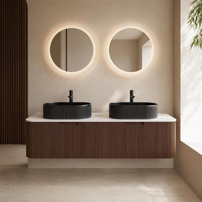 60 Inch Double Sink Bathroom Vanity, Floating Wall Mounted Cabinet, Dark Walnut Curved Fluted Front, Stone Top, Dual Black Textured Oval Vessel Basins, Pre-Assembled