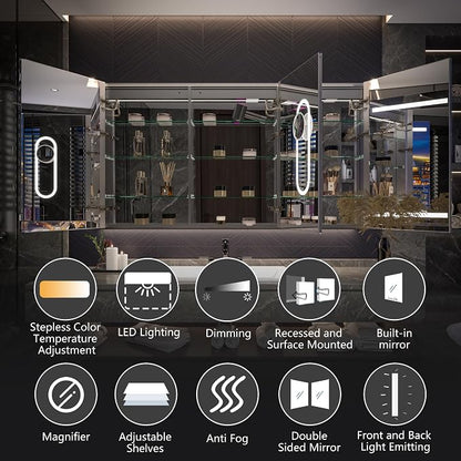Recessed Medicine Cabinet with Lights, 66x36 Lighted Medicine Cabinet with Mirror, Magnifier, GFCI Outlet, Soft-closed, Front&Backlit, Anti-Fog, Dimmable&Tunable, Sensor Lights, Adjustable Shelves