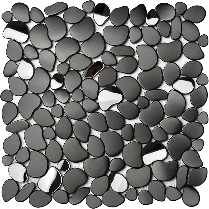 Black Tile Backsplash Pebble Tile Metal Mosaic Tiles for Kitchen Backsplash Bathroom Shower Floor【5 Sheets】