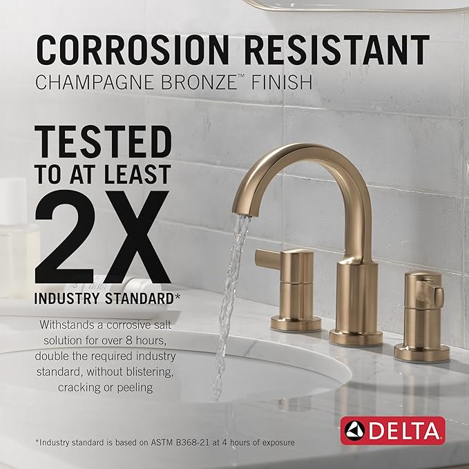 Delta Albion Brushed Gold Bathroom Faucet 3 Hole, 8 Inch Widespread Bathroom Sink Faucet for Vanity, Metal Push-Pop Drain Assembly, Champagne Bronze 35855LF-CZ