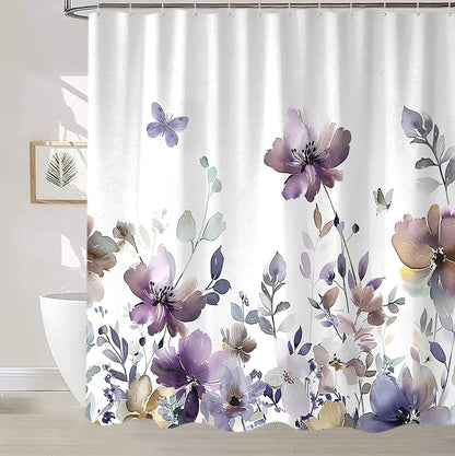 Sanzugh Purple Floral Shower Curtain, Cute Boho Watercolor Flower Wildflower Leaves Butterfly White Fabric Shower Curtains Set for Bathroom Decorative with Hooks 72 X 78 inch Spring Bath Decor