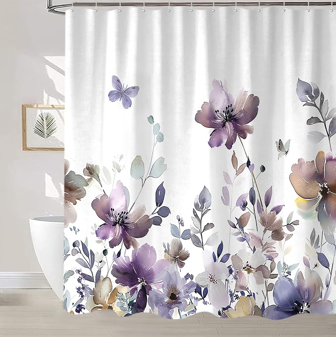 Sanzugh Purple Floral Shower Curtain, Cute Boho Watercolor Flower Wildflower Leaves Butterfly White Fabric Shower Curtains Set for Bathroom Decorative with Hooks 60 X 72 inch Spring Bath Decor