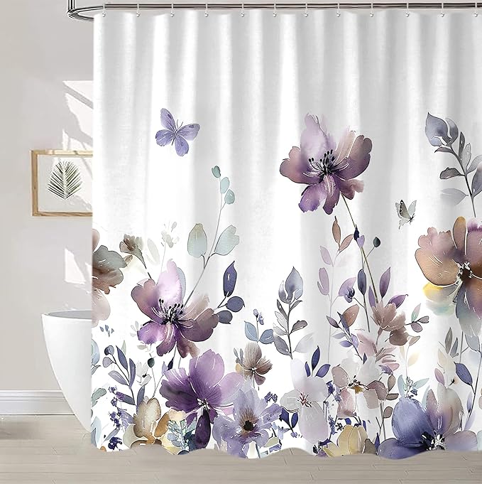 Sanzugh Purple Floral Shower Curtain, Cute Boho Watercolor Flower Wildflower Leaves Butterfly White Fabric Shower Curtains Set for Bathroom Decorative with Hooks 60 X 72 inch Spring Bath Decor