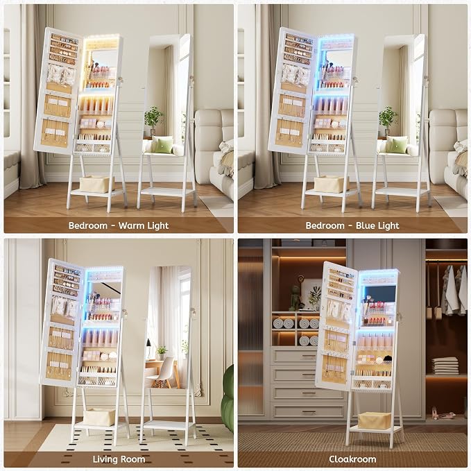 LVSOMT Jewelry Armoire Cabinet Standing, Full Length Mirror with Storage | Space-saving Mirror with Jewelry Storage, Built-in LED Makeup Mirror, Jewelry Organizer Cabinet for Women, White