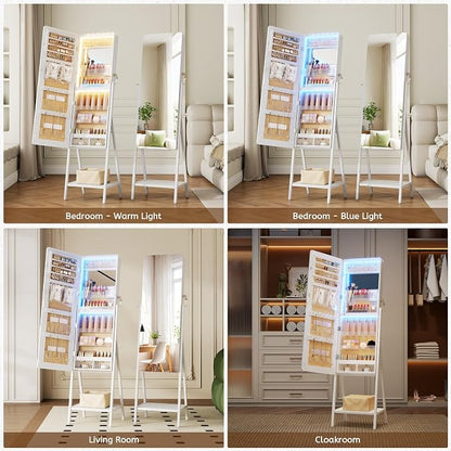 LVSOMT Jewelry Armoire Cabinet Standing, Full Length Mirror with Storage | Space-saving Mirror with Jewelry Storage, Built-in LED Makeup Mirror, Jewelry Organizer Cabinet for Women, White