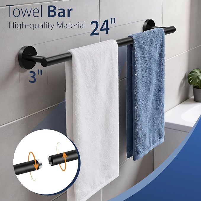 5-Piece Matte Black Bathroom Towel Bar Set,24" Bathroom Hardware Kit | Total 26 Inch Towel Racks for Bathroom Wall Mounted,SUS304 Stainless Steel Towel Bar for Bathroom, Kitchen, Laundry