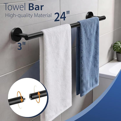 5-Piece Matte Black Bathroom Towel Bar Set,24" Bathroom Hardware Kit | Total 26 Inch Towel Racks for Bathroom Wall Mounted,SUS304 Stainless Steel Towel Bar for Bathroom, Kitchen, Laundry