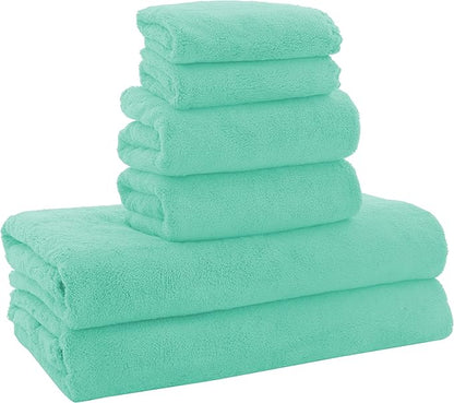 MOONQUEEN Ultra Soft Microfiber Coral Velvet Towel Set - Quick Drying, 2 Bath Towels, 2 Hand Towels, 2 Washcloths - Aqua Green, 6 Pcs