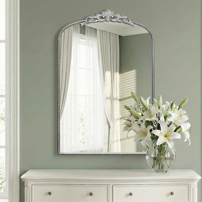Micasso Bathroom Mirror for Over Sink: 24"x36" Silver Vintage Arched Mirror | Traditional Ornate Baroque Decorative Antique Wall Mirror for Bedroom/Entryway/Hallway/Dresser/Vanity/Mantel/Nightstand