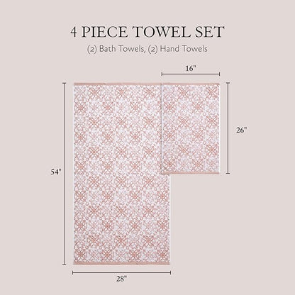 Jessica Simpson - Bath Towel 4 Piece Set, Aziza, Premium Bathroom Decor, Includes 2 Hand Towels and 2 Shower Towels, 100% Cotton & Machine Washable, Rose Smoke