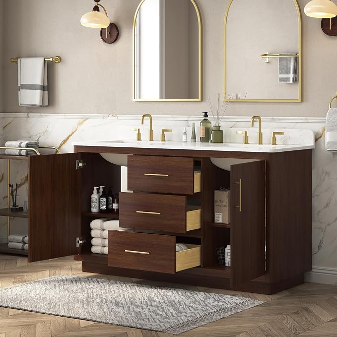 60"Bathroom Vanity with Double Sink,Ceramic Sink Vanity with Engineered Stone Countertop,Wood Frame Bathroom Storage Cabinet No Installation Required& Soft Closing Drawers, Light Walnut
