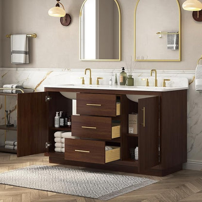 60"Bathroom Vanity with Double Sink,Ceramic Sink Vanity with Engineered Stone Countertop,Wood Frame Bathroom Storage Cabinet No Installation Required& Soft Closing Drawers, Light Walnut