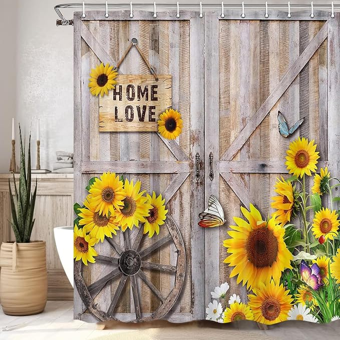 Rustic Spring Summer Sunflowers Butterfly Shower Curtain for Bathroom, Wooden Board Western Barn Door Farmhouse Bath Curtain, Fabric Vintage Daisy Floral Botanical Decor Curtain with Hooks 70X70IN