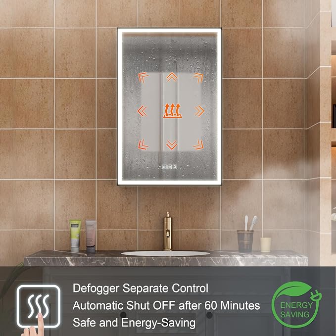 20" X 30" LED Mirrored Medicine Cabinet, Medicine Cabinets with Lights for Bathroom, Defogging Function Mirror Cabinet, Bathroom Medicine Cabinet with USB Port & Outlet, Right Opening Doors