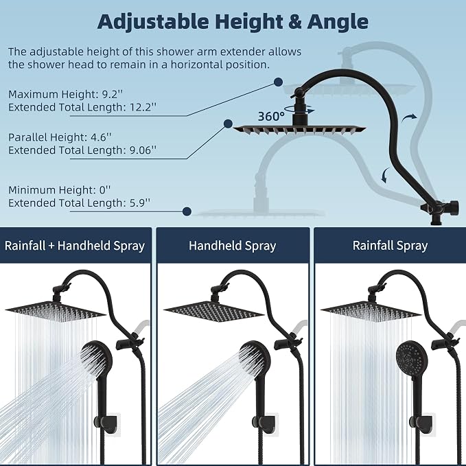 Hibbent All Metal Shower Head, 8'' High Pressure Rainfall Shower Head/Handheld Showerhead Combo with 12'' Adjustable Curved Shower Extension Arm, 10-Spray, 71'' Hose, Shower Holder, Oil Rubbed Bronze