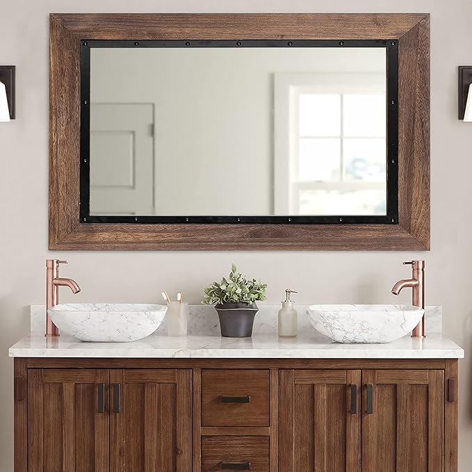 YOSHOOT Rustic Wooden Framed Wall Mirror, 30"x20", Natural Wood and Iron Bathroom Vanity Mirror for Farmhouse Decor, Vertical or Horizontal Hanging