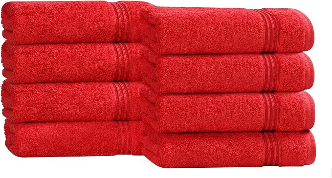 SUPERIOR Egyptian Cotton Hand Towel Set, Small Towels for Home Bathroom, Master, Guest Bath, Decor Essentials, Quick Dry, Absorbent, Kitchen, Spa, Hotel, Resort, Adult, Kids, Set of 8, Red