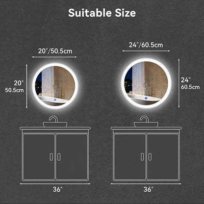 24“ x 24” LED Bathroom Smart Mirror, Round Mirror with Three Color Light Temperature Brightness Settings,Backlit + Front Lit,Wall-Mounted Vanity Mirror with Memory Function