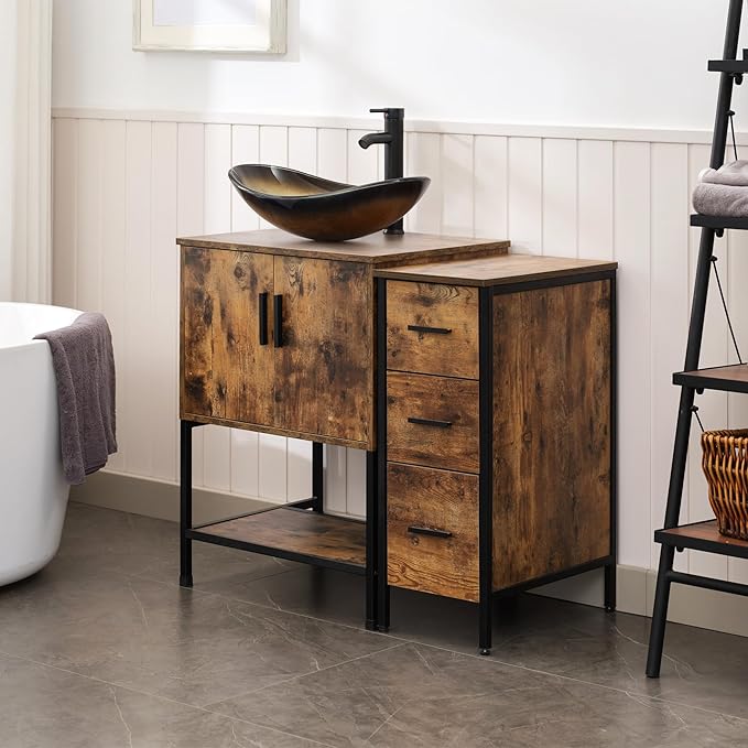 UEV 36" Rustic Brown Bathroom Vanity with Sink Combo,Industrial Iron Frame Bathroom Cabinet Sets with 3 Drawers Side Cabinet,Modern Champagne Boat Tempered Glass Vessel Sink(029CH)