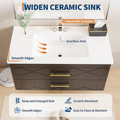 Garvee 36" Bathroom Vanity with Sink, Floating Bathroom Vanity with Ceramic Basin, 2 Large Storage Drawers with Gold Metal Handle, Modern Wall Mounted Bathroom Cabinet with Sink, Black