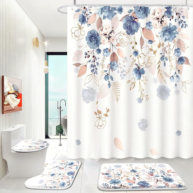 16 Pcs Blue Floral Flower Shower Curtain set, 72Wx72H Inch Watercolor Pastel Plant Complete Bathroom Set Non-Slip Bath Rug Toilet Lid Cover and U Shape Mat Accessories 12 free Hooks Bathoom Decor