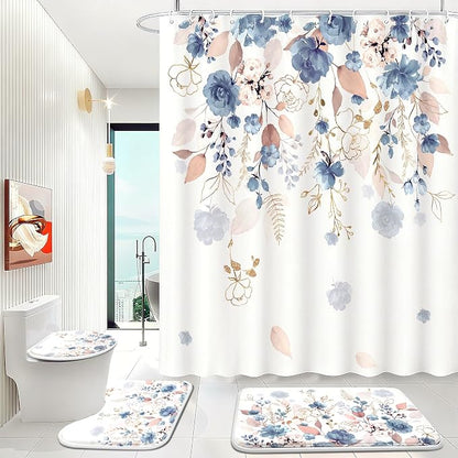 16 Pcs Blue Floral Flower Shower Curtain set, 72Wx72H Inch Watercolor Pastel Plant Complete Bathroom Set Non-Slip Bath Rug Toilet Lid Cover and U Shape Mat Accessories 12 free Hooks Bathoom Decor