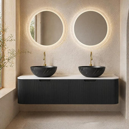 60 Inch Double Sink Bathroom Vanity, Floating Wall Mounted Cabinet, Black Curved Fluted Front, Stone Top, Dual Black Marble Vessel Basins, Pre-Assembled