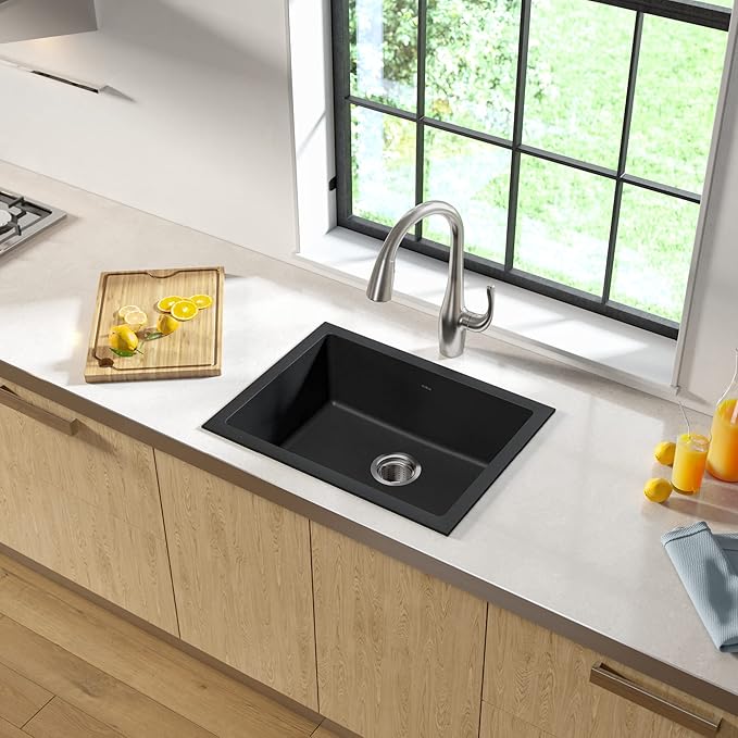 KRAUS Quarza 24-inch Kitchen Sink Drop-In/Undermount Single Bowl Granite Kitchen Sink Black Onyx, KGD-410B
