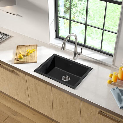 KRAUS Quarza 24-inch Kitchen Sink Drop-In/Undermount Single Bowl Granite Kitchen Sink Black Onyx, KGD-410B