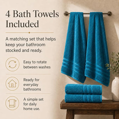Velqora Bath Towels, 4 Pack, 30x60 in, 100% Cotton, Soft & Absorbent, Blue | Balanced Weight | Everyday Comfort | Easy Care
