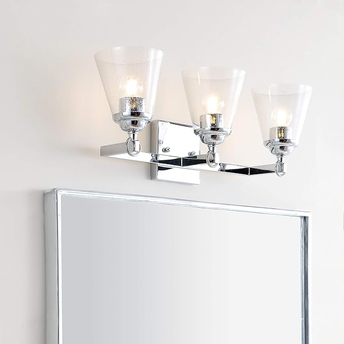 JONATHAN Y 21" Chrome Marion 3-Light Vanity Light Wall Sconce for Bathroom Decor, Clear Seeded Glass Shade, Reversible Hardwired Lamp for Mirror Hallway, LED Bulb (JYL7434A)