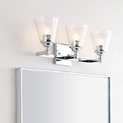JONATHAN Y 21" Chrome Marion 3-Light Vanity Light Wall Sconce for Bathroom Decor, Clear Seeded Glass Shade, Reversible Hardwired Lamp for Mirror Hallway, LED Bulb (JYL7434A)