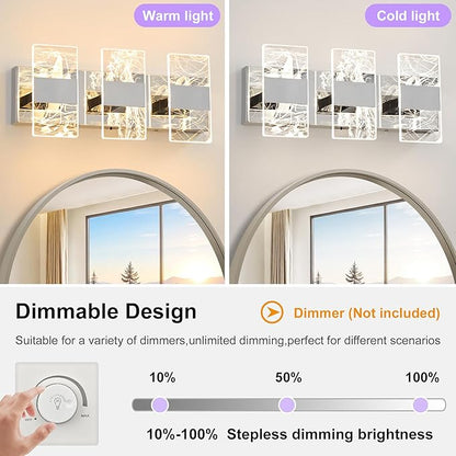 Modern LED Bathroom Light Fixtures Dimmable 3-Light Chrome Vanity Light, 5CCT Adjustable Lighting Fixture Vanity Lights Over Mirror, Smoked Acrylic LED Vanity Lights for Bathroom