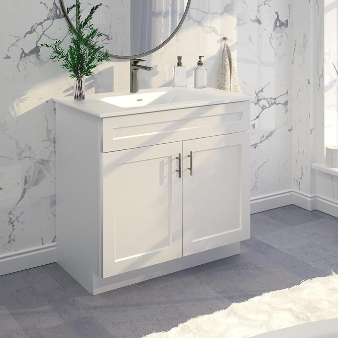 36" White Shaker Bathroom Vanity Base – Ready-to-Assemble Sink Cabinet, Freestanding Bathroom Vanity Base Only, No Top or Sink