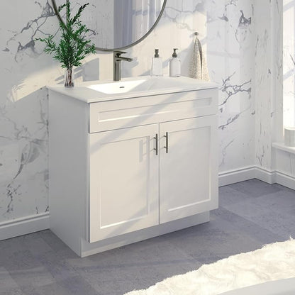 36" White Shaker Bathroom Vanity Base, Soft-Close Double-Door Ready-to-Assemble Sink Cabinet, 36" W x 21" D x 34.5" H, Base Only