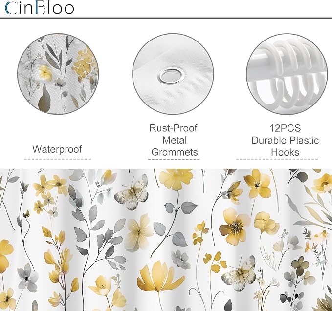 Yellow Gray Grey Flower Floral Wildflower Leaf Bathroom Shower Curtain Set | 72"W x 72"H Leaves Botanical; waterproof HD print, quick-dry fabric and plastic hooks for easy setup.