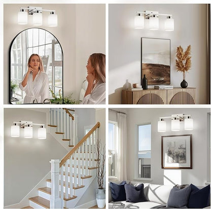 PARTPHONER 3-Light Brushed Nickel Bathroom Light Fixtures, Modern Vanity Light Over Mirror Lighting, Wall Sconce with Frosted Milky White Glass Shades for Bedroom Living Room Kitchen Hallway